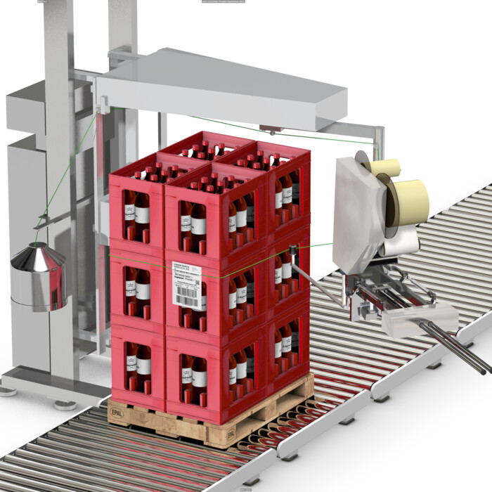 Palettenschnur-Applikator zur vollautomatischen Kennzeichnung von Mehrwerg-Gebinden
